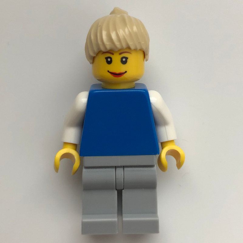 Lego Blue Torso, Light Bluish Gray Legs, Tan Hair