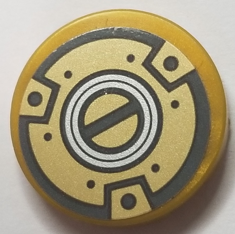 Lego Tile, Round 2 x 2 with Bottom Stud Holder with Dark Bluish Gray and Gold Canister Lid with Silver Circles Pattern (Sticker) - Set 70642 / Pearl Gold
