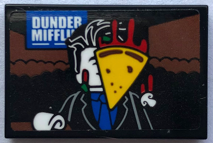 Lego Tile 2 x 3 with Pizza Slice on Screen with Minifigure and 'DUNDER MIFFLIN' Pattern (Sticker) - Set 21336