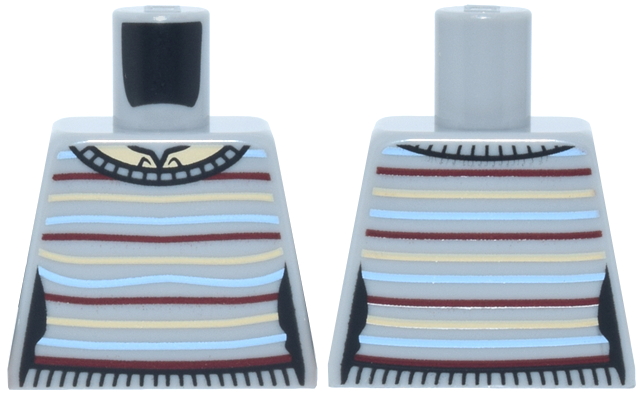 Lego Torso Female Sweater with Dark Red, Tan and Bright Light Blue Horizontal Stripes and Black Ribbing over Tan Shirt with Collar Pattern