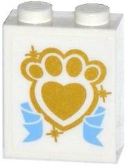 Lego Brick 1 x 2 x 2 with Inside Stud Holder with Gold Paw Print with Heart and Medium Blue Ribbon Pattern (Sticker) - Set 41142