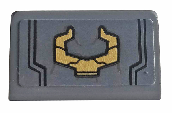 Lego Slope 30 1 x 2 x 2/3 with Gold Horns Pattern (Sticker) - Set 76107 / Dark Bluish Gray