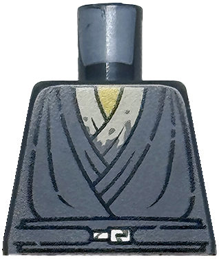 Lego Torso SW Jedi Robe with Silver Belt Buckle, Tan Shirt with Dirt Stains, Yellow Neck, Simulated Wear Pattern / Dark Bluish Gray