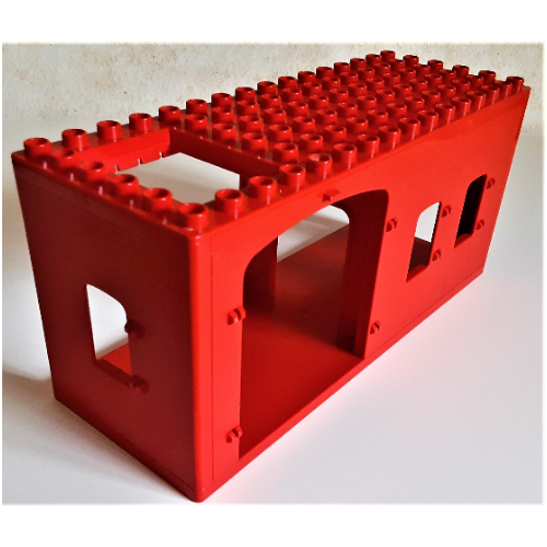 Lego Duplo Building 6 x 16 x 6, Front Double Doors and Two Windows, Left Window, and Right Door Openings, Top Sliding Trap Door / Red