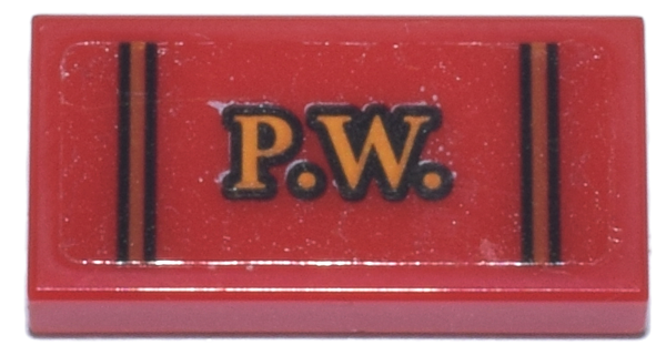 Lego Tile 1 x 2 with Bright Light Orange and Black 'P.W.' and Thin Lines Pattern (Sticker) - Set 76437 / Red