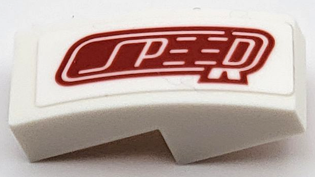 Lego Slope, Curved 2 x 1 x 2/3 with Red 'SPEED' Pattern Model Left Side (Sticker) - Set 42109 / White