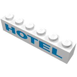 Lego Brick 1 x 6 without Bottom Tubes with Cross Side Supports with 'HOTEL' Thick Blue Print / White