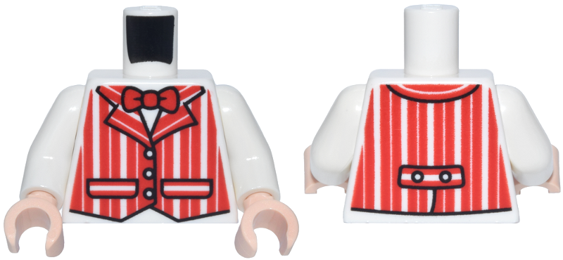 Lego Torso Vest with Red Vertical Stripes and Bow Tie, Black Trim and Pockets Pattern / White Arms / Light Nougat Hands