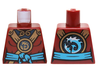 Lego Torso Ninjago Female Outline with Gold Straps, Round Emblem, Dark Azure Knotted Sash and Dark Blue Undershirt Pattern / Dark Red