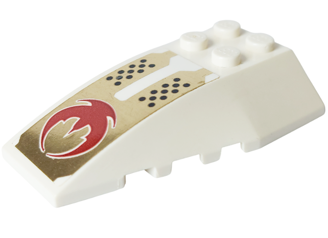 Lego Wedge 6 x 4 Triple Curved with Red Crescent and Black Dots on Gold Pattern (Sticker) - Set 7714
