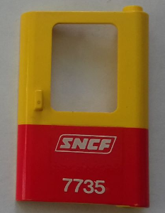 Lego Door 1 x 4 x 5 Train Right, Thin Support at Bottom with Red Bottom Half and White 'SNCF 7735' Pattern (Sticker) - Set 7735 / Yellow
