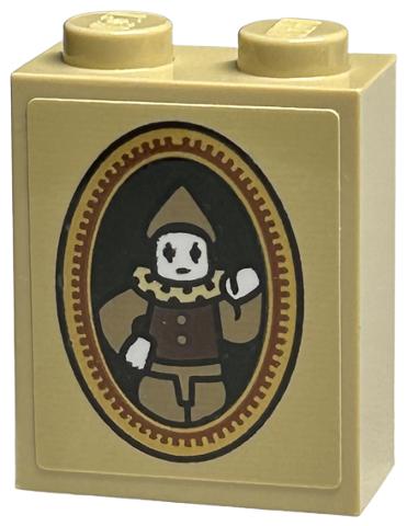 Lego Brick 1 x 2 x 2 with Inside Stud Holder with Picture of Mime Minifigure with Neck Ruff in Gold Frame Pattern (Sticker) - Set 40577