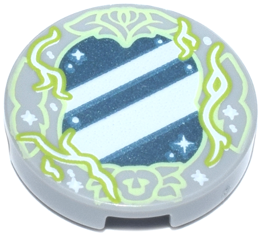 Lego Tile, Round 2 x 2 with Bottom Stud Holder with Metallic Light Blue Mirror with White Reflections and Sparkles, Yellowish Green and Lime Border with Branches and Flowers Pattern / Light Bluish Gray
