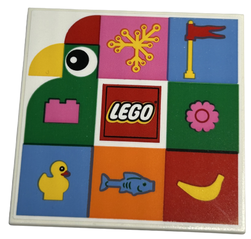 Lego Tile 6 x 6 with Bottom Tubes, Textured Surface with LEGO Logo, Bird with Eye and Yellow Beak, Plant Leaves, Flag on Antenna, Brick, Flower, Duckling, Fish and Banana Pattern (Sticker) - Set 40574