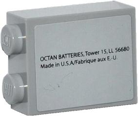Lego Brick 1 x 2 x 2 with Inside Stud Holder with 'OCTAN BATTERIES, Tower 15, LL 56680 Made in U.S.A/Fabrique aux E.-U' Pattern (Sticker) - Set 70809