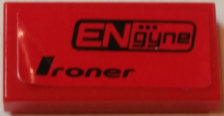 Lego Tile 1 x 2 with 'ENgyne' and 'Ironer' Pattern Model Right Side (Sticker) - Set 8182 / Red
