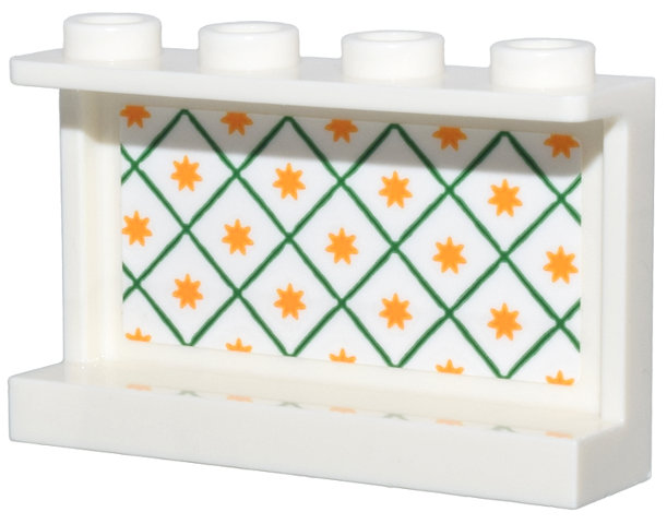 Lego Panel 1 x 4 x 2 with Side Supports - Hollow Studs with Green Lattice and Bright Light Orange Stars Pattern (Sticker) - Set 76437 / White