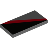 Lego Tile 2 x 4 with Black Triangle Lower Left and Red Diagonal Stripe Print / Dark Bluish Gray