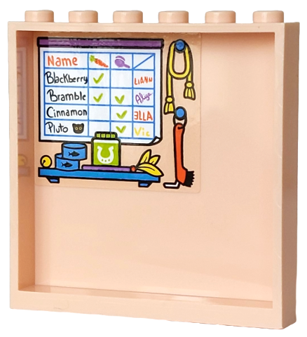 Lego Panel 1 x 6 x 5 with Board with Animal Care Checklist with Names, Equipment, Food and Toys Pattern (Sticker) - Set 42654 / Light Nougat