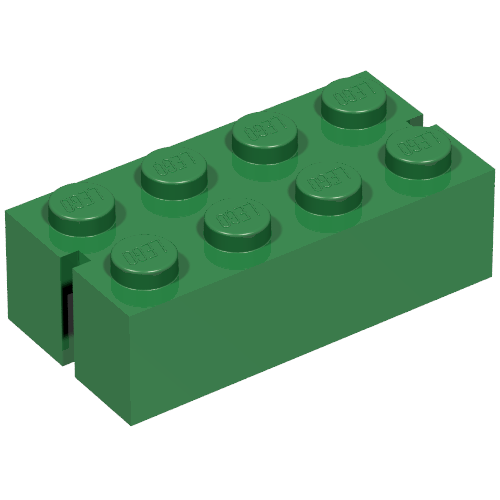 Lego Brick 2 x 4 without Bottom Tubes, Slotted (with 2 slots) / Green
