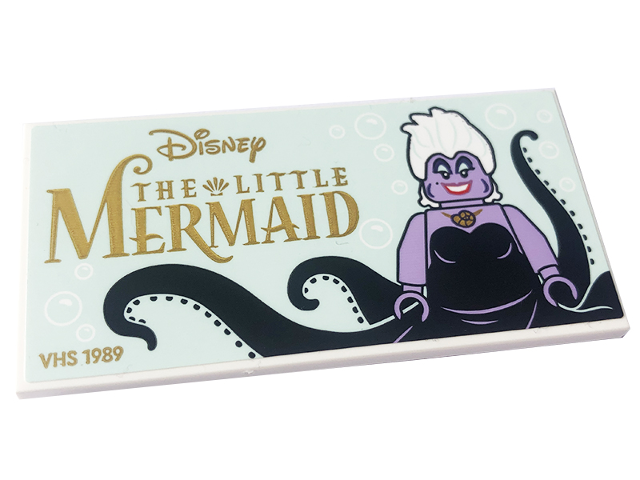 Lego Tile, Modified 4 x 8 Inverted with Studs on Edges with Ursula Minifigure, Gold 'Disney', 'THE LITTLE MERMAID' and 'VHS 1989' on Light Aqua Background Pattern (Sticker) - Set 43227