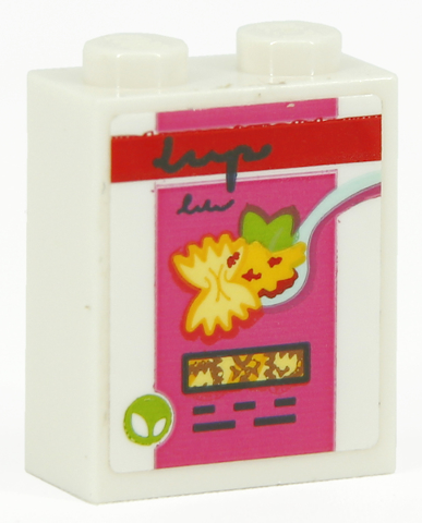 Lego Brick 1 x 2 x 2 with Inside Stud Holder with Food Packaging Box, Farfalle Pasta on Spoon, Red Stripe and Dark Pink Background Pattern (Sticker) - Set 41704