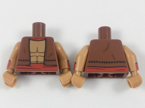 Lego Torso Vest with Red Collar and Belt, Muscle Contours Pattern / Medium Nougat Arms with Red Cuffs Pattern / Medium Nougat Hands