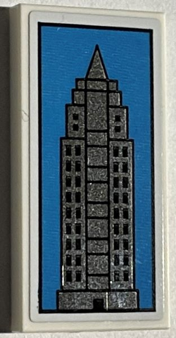 Lego Tile 2 x 4 with Blue and Silver Empire State Building Pattern (Sticker) - Set 21330 / White