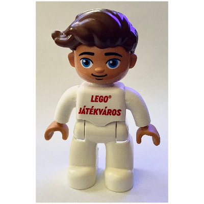 Lego Duplo Figure with Hair Swept Right Reddish Brown, with White Legs, 'LEGO Játékváros' / LEGO Logo Print / White
