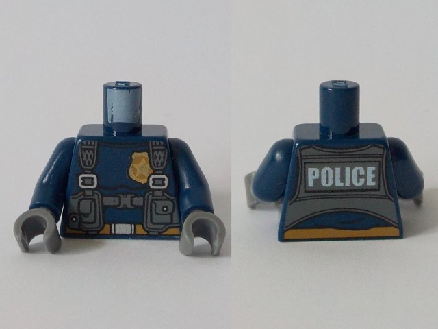 Lego Torso Police with Harness, Gold Star Badge Logo, Belt and 'POLICE' on Back Pattern / Dark Blue Arms / Dark Bluish Gray Hands