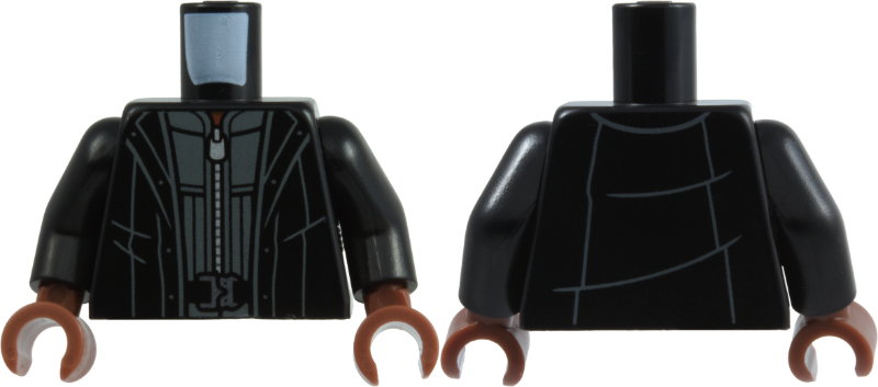 Lego Torso Trench Coat Open with Buttons over Dark Bluish Gray Vest, Silver Zipper, Belt with Buckle, Reddish Brown Neck Pattern / Black Arms / Reddish Brown Hands