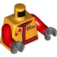 Lego Torso Race Suit with Red Belt with Stitching and 'Airborne Spoilers' Print, Red Arms, Dark Bluish Gray Hands / Bright Light Orange