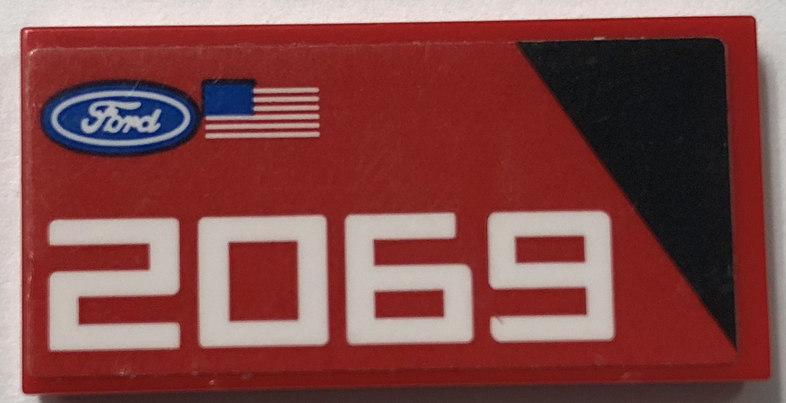Lego Tile 2 x 4 with Ford Logo, United States of America (USA) Flag, Black Triangle, and White '2069' Pattern Model Right Side (Sticker) - Set 76905