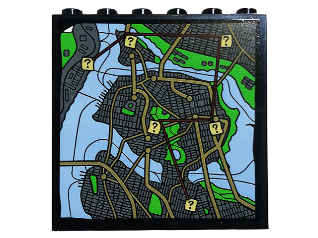 Lego Panel 1 x 6 x 5 with Map with Water, Grass, Buildings and Question Marks Pattern (Sticker) - Set 76183 / Black