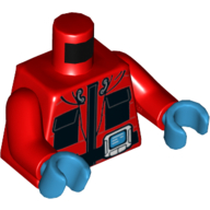 Lego Torso Arctic Suit, Pockets, Zipper, Hand Held Device, Hood Print, Red Arms, Dark Azure Hands / Red