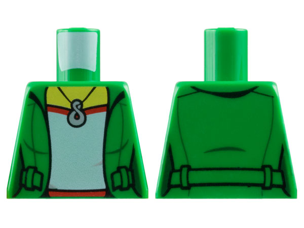 Lego Torso Female Jacket Open over Red and White Shirt with Wrinkle, Silver Infinity Pendant Necklace, Yellow Neck Pattern / Green
