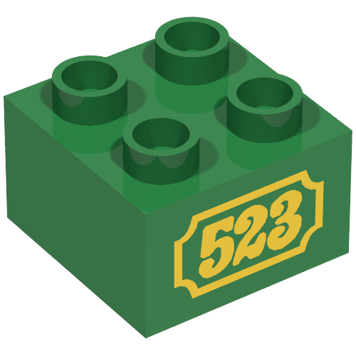 Lego Duplo Brick 2 x 2 with Yellow '523' Antique Style Print / Green