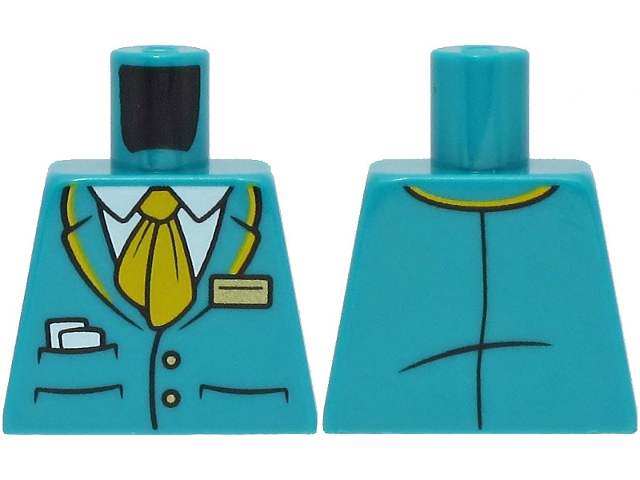 Lego Torso Suit Jacket with 2 Buttons and Pockets with Paper over White Shirt, Bright Light Orange Tie and Collar, Gold Badge Pattern / Dark Turquoise