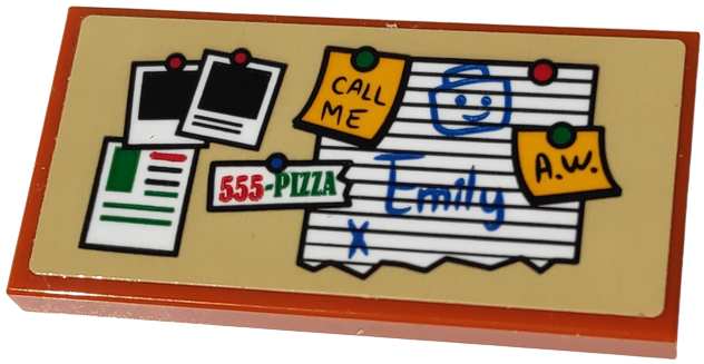 Lego Tile 2 x 4 with Bulletin Board with Photos, '555-PIZZA', 'CALL ME', 'Emily and 'A.W.' Pattern (Sticker) - Set 10292