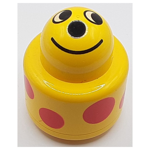 Lego Primo Brick 1 x 1 with Round Rattle and Smiling Face, Red Spots Print / Yellow