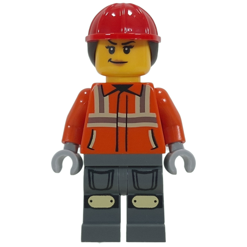 Lego Construction Worker, Reddish Orange Jacket, Dark Bluish Gray Legs, Red Hard Hat with Ponytail