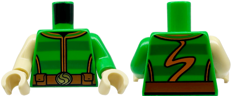 Lego Torso Sweater with Green Stripes and Orange Trim, Dark Orange Belt with Gold Buckle Pattern / Bright Green Arm Left / Tan Arm Right / Tan Hands