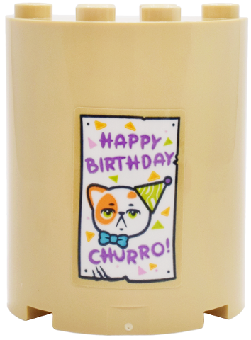 Lego Cylinder Half 2 x 4 x 4 with White Sign with Cat, Party Hat, Triangle Confetti and Medium Lavender 'HAPPY BIRTHDAY CHURRO!' Pattern (Sticker) - Set 42666 / Tan