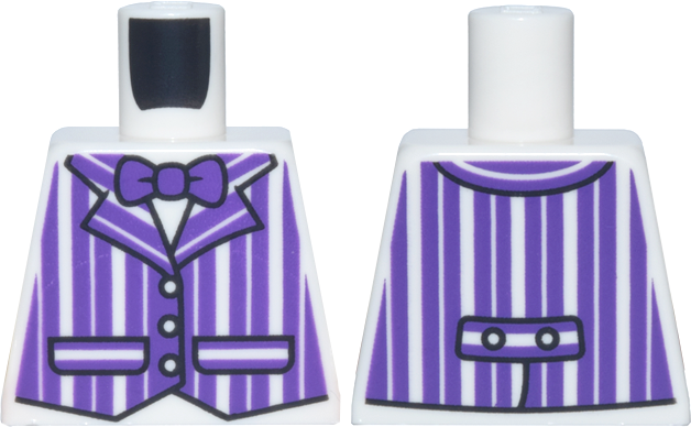 Lego Torso Vest with Dark Purple Vertical Stripes and Bow Tie, Black Trim and Pockets Pattern / White