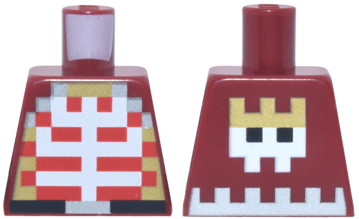 Lego Torso Pixelated Armor Red and White Skeleton, Gold and Silver Crown and Trim Pattern / Dark Red
