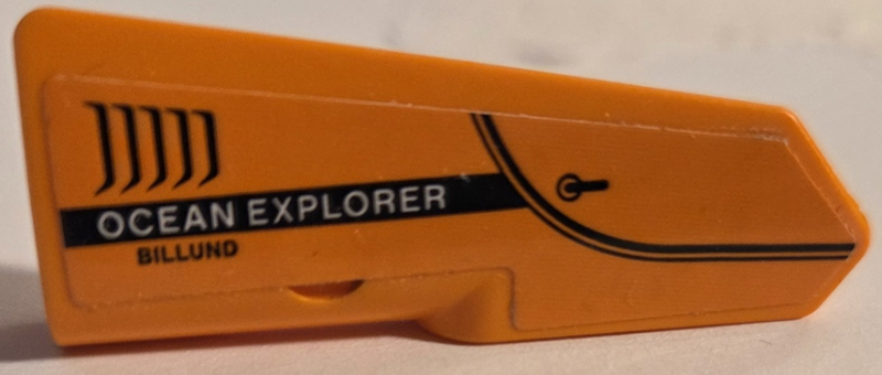 Lego Technic, Panel Fairing #22 Very Small Smooth, Side A with Door Handle, Air Vent, Black and White 'OCEAN EXPLORER BILLUND' Pattern (Sticker) - Set 42064 / Orange