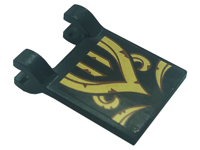 Lego Flag 2 x 2 Square with Flat Edge with Gold Scrollwork Symbols and Reddish Brown Rust Pattern (Sticker) - Set 71755 / Black