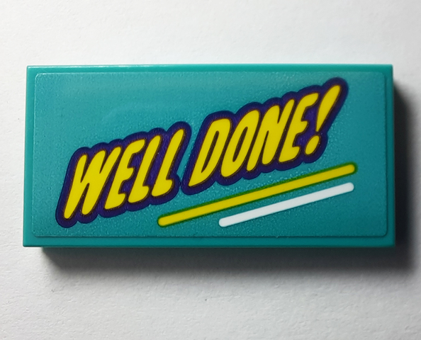 Lego Tile 2 x 4 with Yellow 'WELL DONE!' with Dark Purple Outline, White Line Pattern (Sticker) - Set 40385