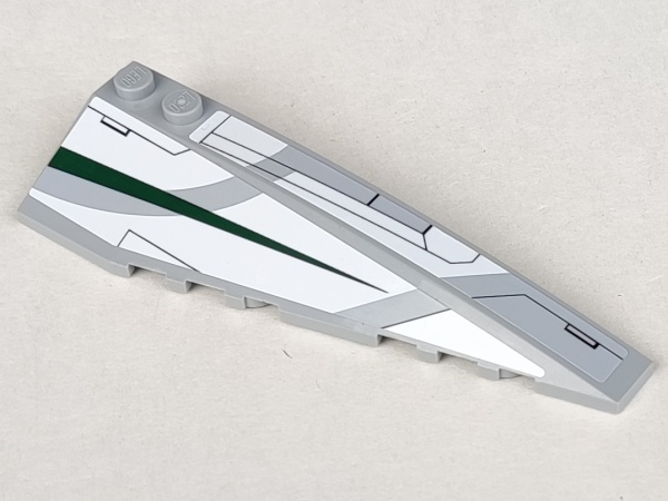 Lego Wedge 10 x 3 Right with Jedi Starfighter White Hull Panels and Dark Green Tapered Stripe Pattern (Stickers) - Set 7868 / Light Bluish Gray