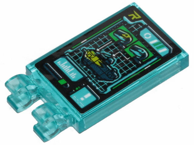 Lego Tile, Modified 2 x 3 with 2 Clips with Computer Screen, Raptors and Rex's Rexplorer Pattern (Sticker) - Set 70835 / Trans-Light Blue